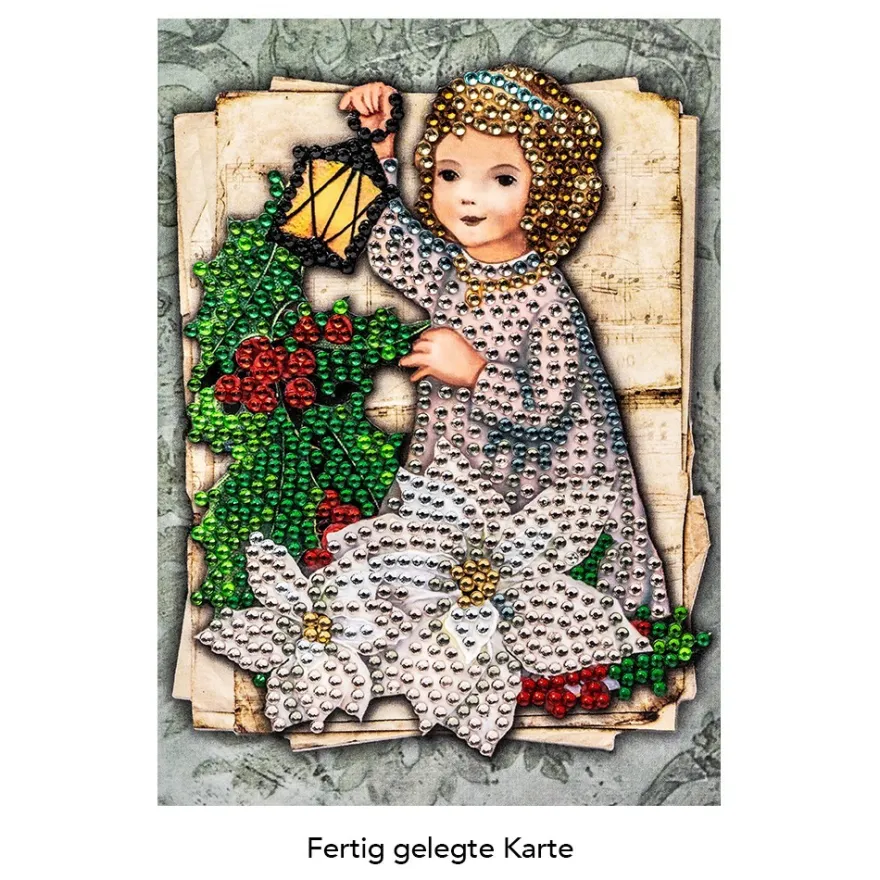 Diamond-Painting-Grußkarte, Strass, Engel mit Laterne, 11,5cm x 16,5cm, inkl. Zubehör