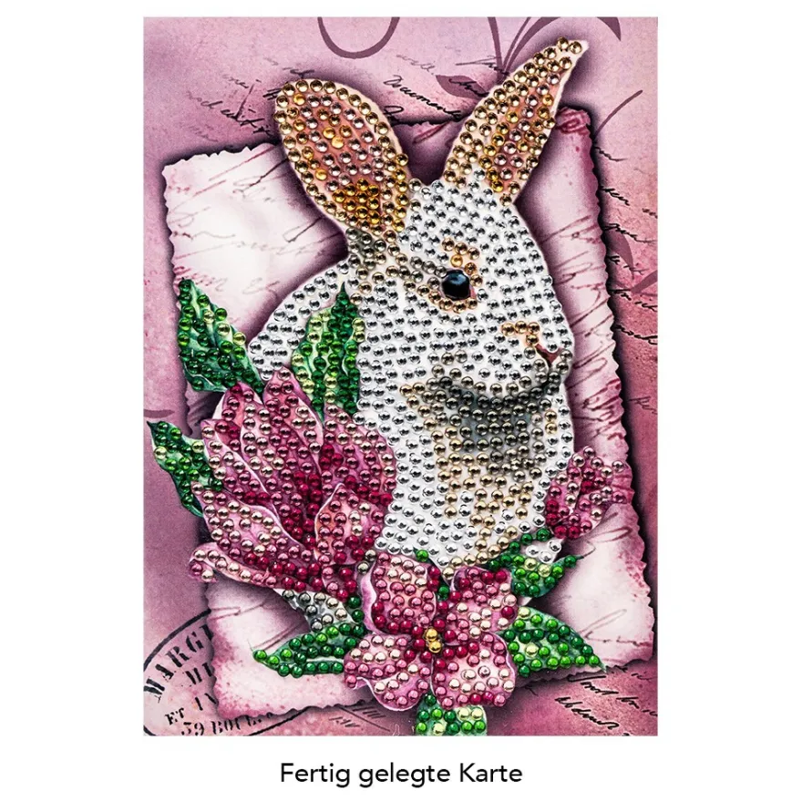 Diamond-Painting-Grußkarte, Strass, Weißes Kaninchen, 11,5cm x 16,5cm, inkl. Zubehör