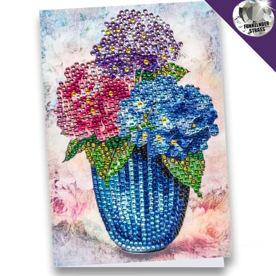 Diamond-Painting-Grußkarte, Strass, Hortensien in Vase, 11,5cm x 16,5cm, inkl. Zubehör