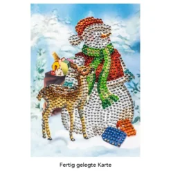 Diamond-Painting-Grußkarte, Strass, Schneemann mit Rehkitz, 11,5cm x 16,5cm, inkl. Zubehör