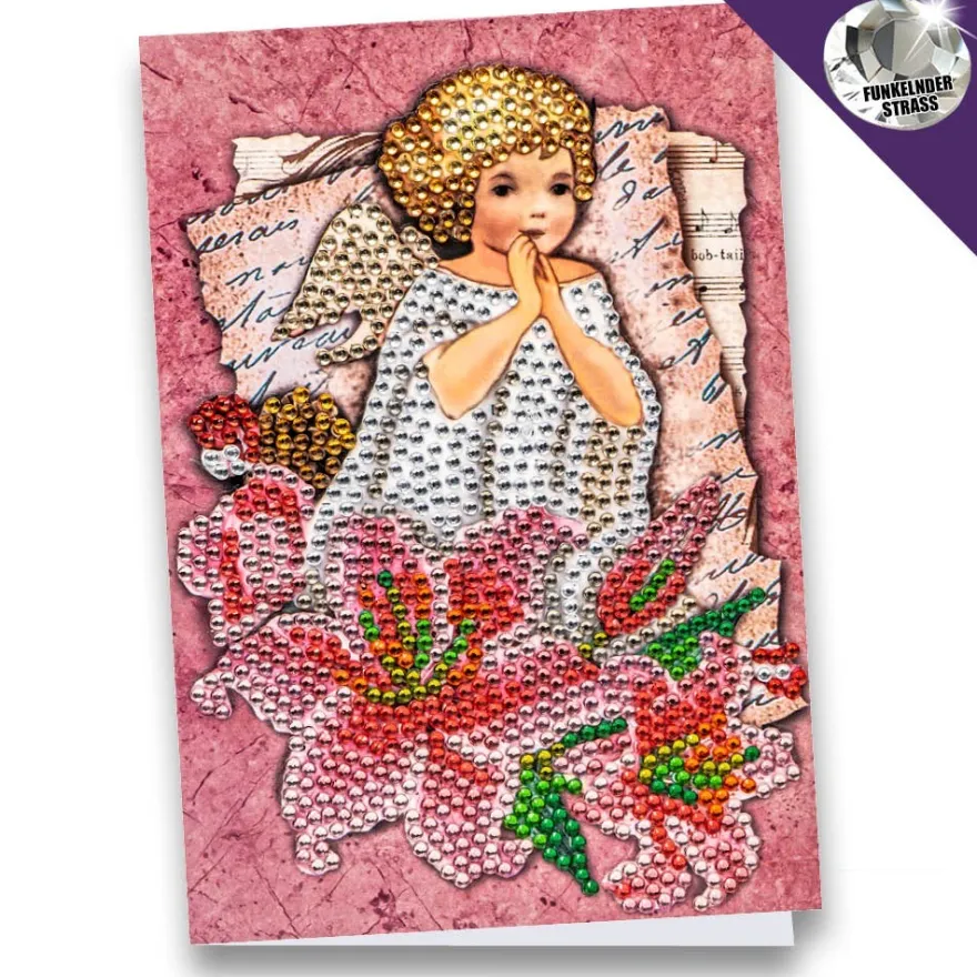 Diamond-Painting-Grußkarte, Strass, Engel mit Lilien 2, 11,5cm x 16,5cm, inkl. Zubehör