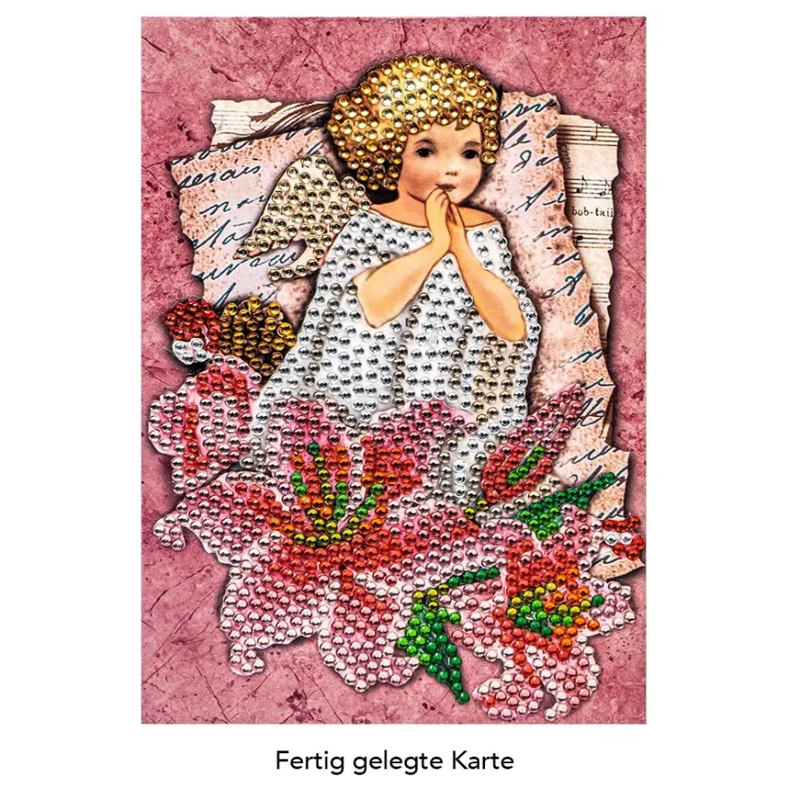 Diamond-Painting-Grußkarte, Strass, Engel mit Lilien 2, 11,5cm x 16,5cm, inkl. Zubehör