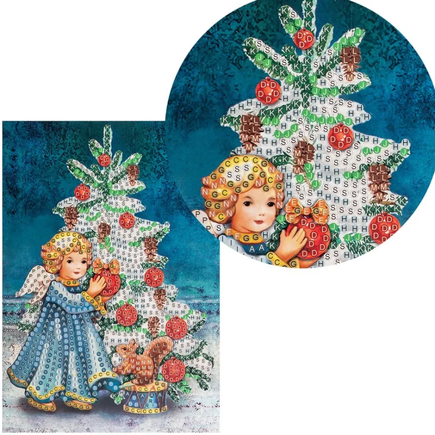 Diamond-Painting-Grußkarte, Strass, Engel mit Weihnachtsbaum, 11,5cm x 16,5cm, inkl. Zubehör