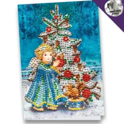 Diamond-Painting-Grußkarte, Strass, Engel mit Weihnachtsbaum, 11,5cm x 16,5cm, inkl. Zubehör