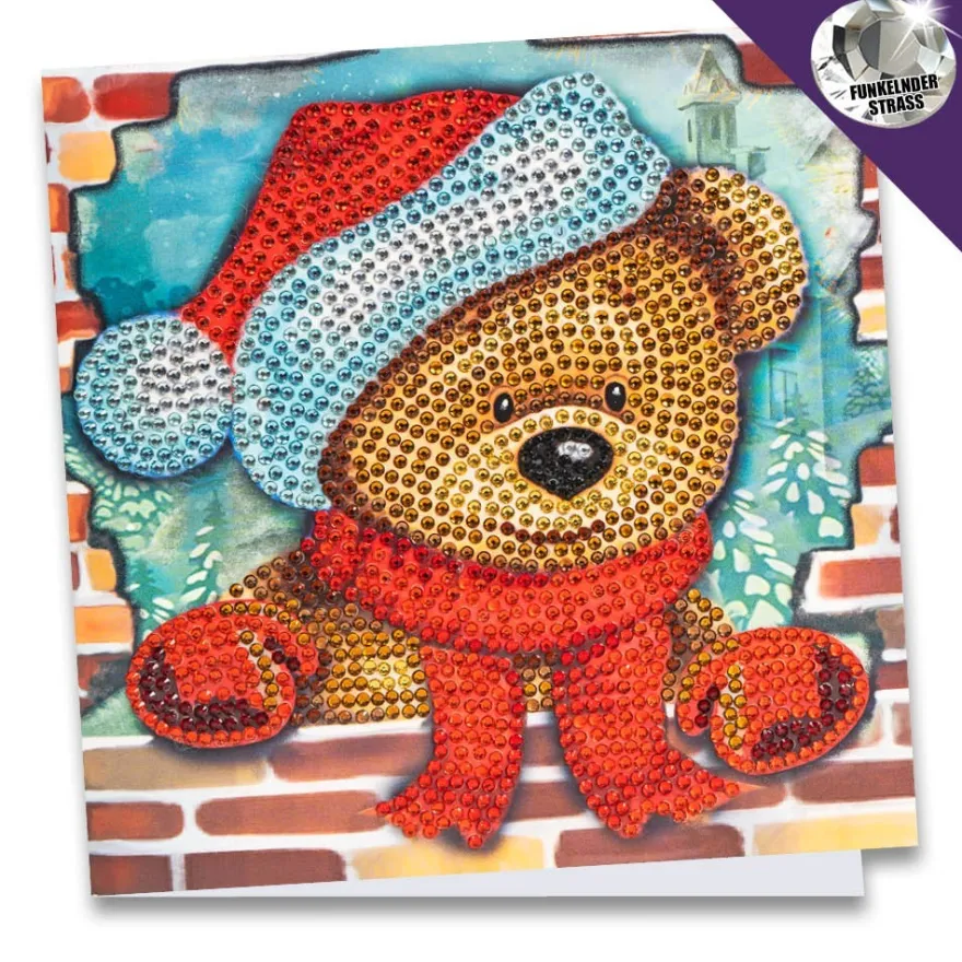 Diamond-Painting-Grußkarte, Strass, Weihnachtsteddy, 16cm x 16cm, inkl. Zubehör