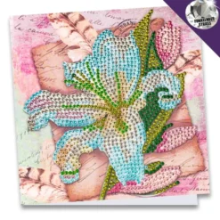 Diamond-Painting-Grußkarte, Strass, Weiße Lilie und Federn, 16cm x 16cm, inkl. Zubehör