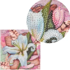 Diamond-Painting-Grußkarte, Strass, Weiße Lilie und Federn, 16cm x 16cm, inkl. Zubehör