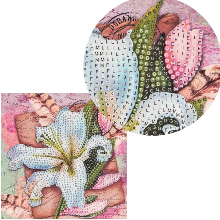 Diamond-Painting-Grußkarte, Strass, Weiße Lilie und Federn, 16cm x 16cm, inkl. Zubehör