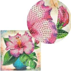 Diamond-Painting-Grußkarte, Strass, Hibiskus in Vase, 16cm x 16cm, inkl. Zubehör