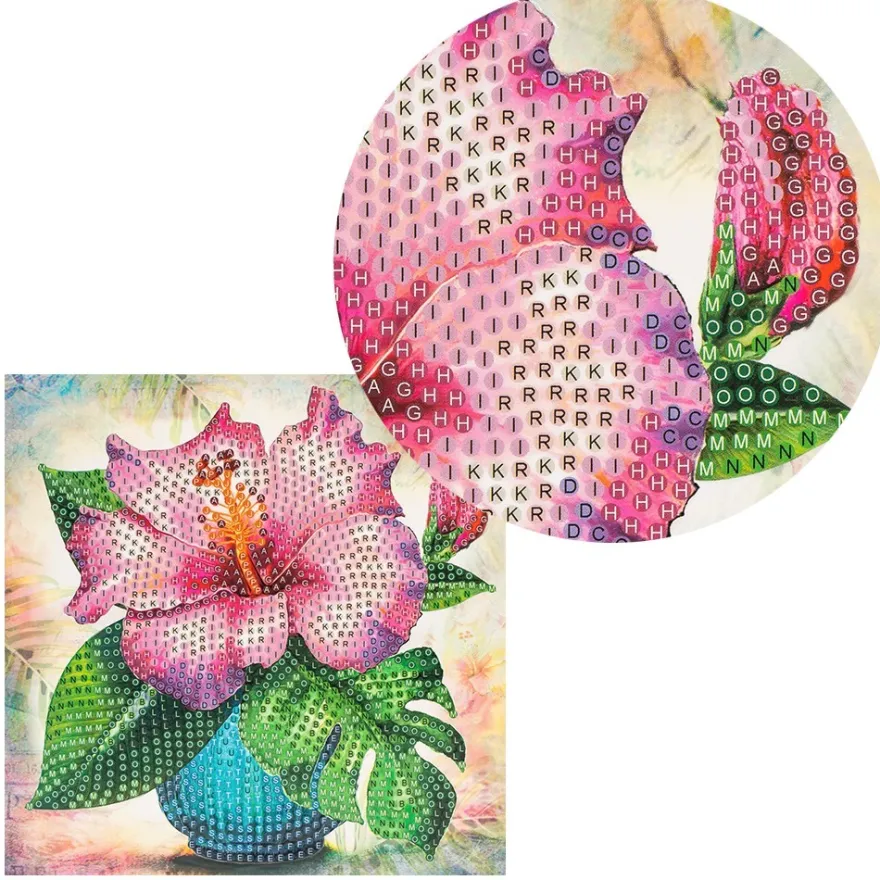 Diamond-Painting-Grußkarte, Strass, Hibiskus in Vase, 16cm x 16cm, inkl. Zubehör