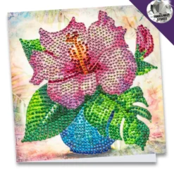 Diamond-Painting-Grußkarte, Strass, Hibiskus in Vase, 16cm x 16cm, inkl. Zubehör