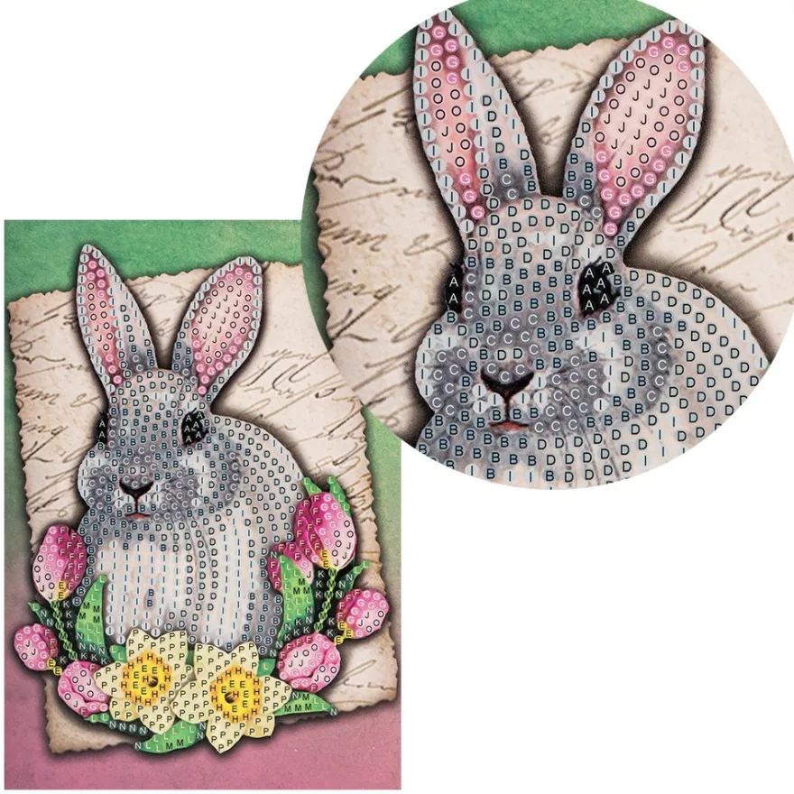 Diamond-Painting-Grußkarte, Strass, Hase mit Tulpen & Narzissen, 11,5cm x 16,5cm, inkl. Zubehör