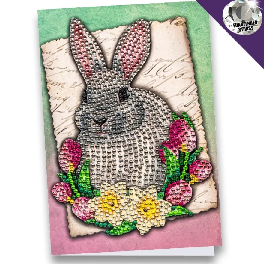 Diamond-Painting-Grußkarte, Strass, Hase mit Tulpen & Narzissen, 11,5cm x 16,5cm, inkl. Zubehör