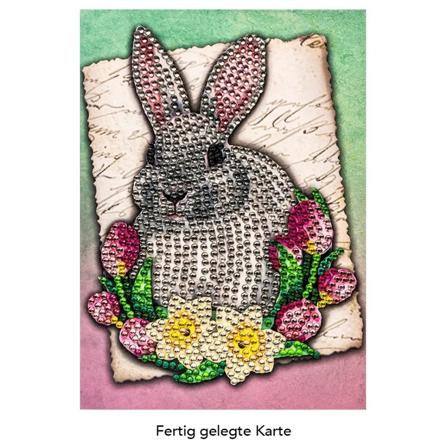 Diamond-Painting-Grußkarte, Strass, Hase mit Tulpen & Narzissen, 11,5cm x 16,5cm, inkl. Zubehör