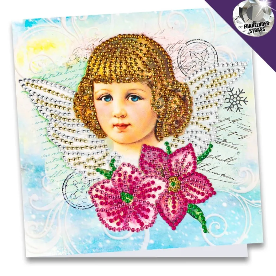 Diamond-Painting-Grußkarte, Strass, Nostalgischer Engel, 16cm x 16cm, inkl. Zubehör