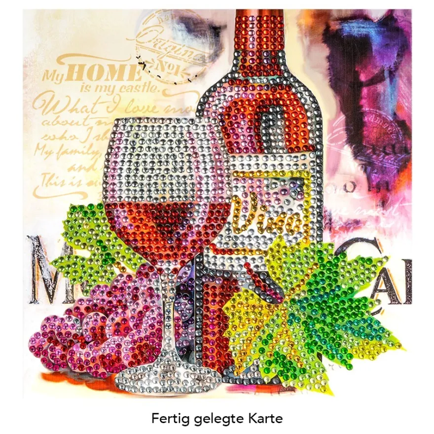 Diamond-Painting-Grußkarte, Strass, Rotweinglas mit Flasche, 16cm x 16cm, inkl. Zubehör