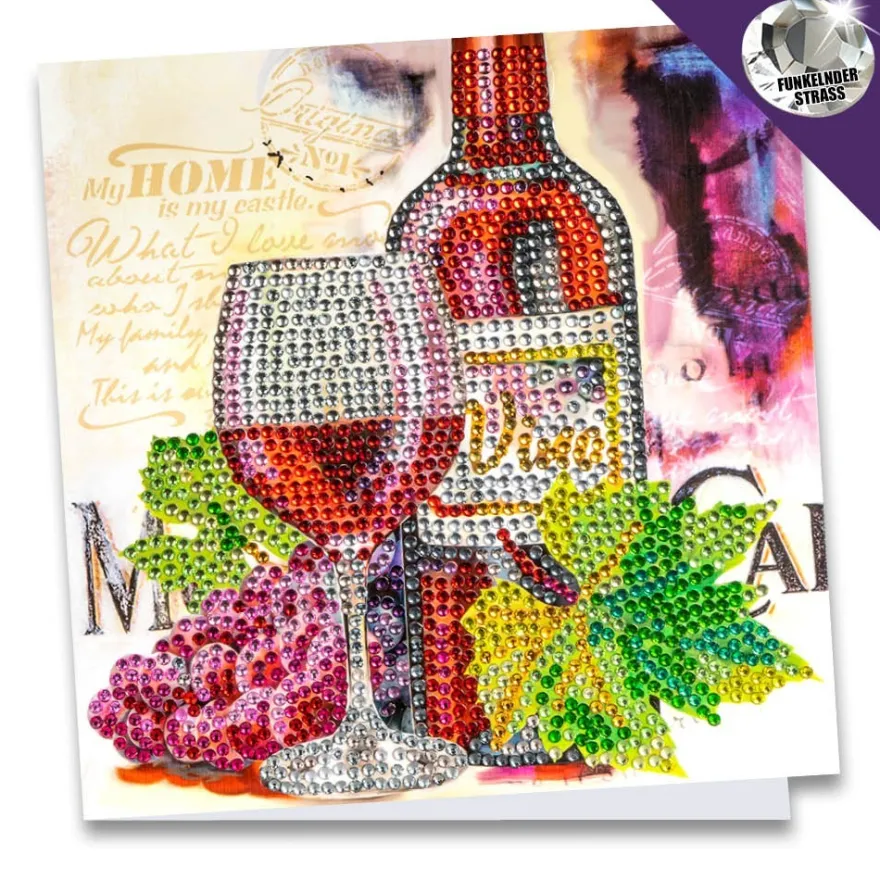 Diamond-Painting-Grußkarte, Strass, Rotweinglas mit Flasche, 16cm x 16cm, inkl. Zubehör