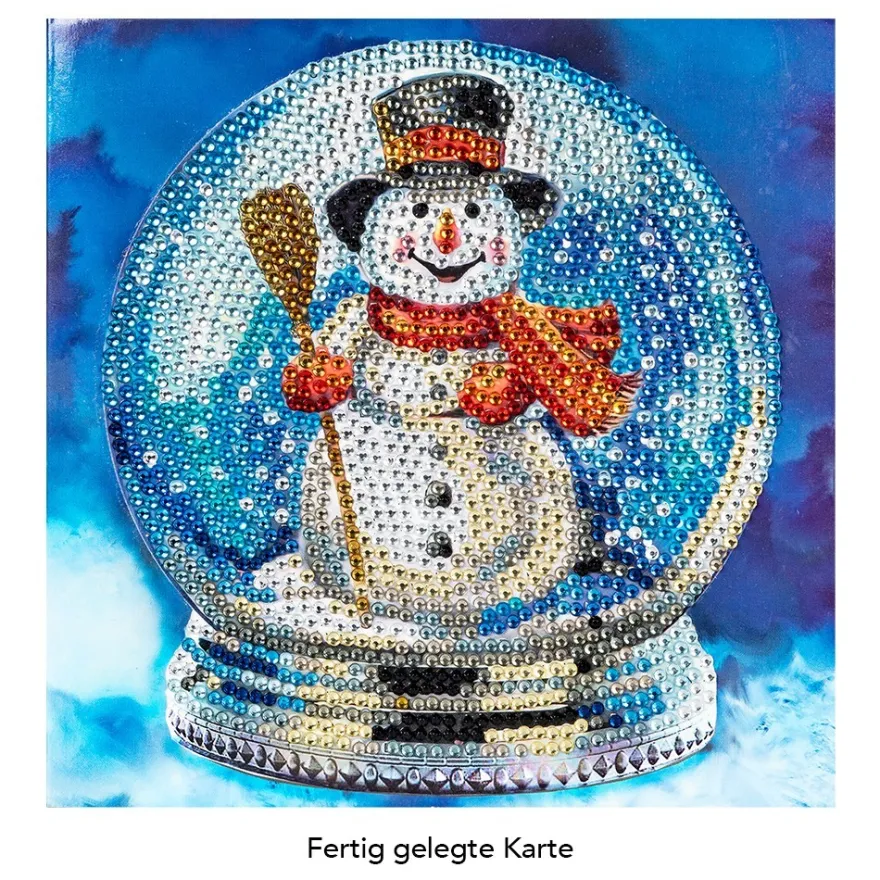 Diamond-Painting-Grußkarte, Strass, Schneekugel mit Schneemann, 16cm x 16cm, inkl. Zubehör