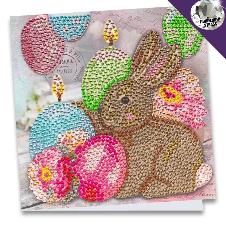 Diamond-Painting-Grußkarte, Strass, Kaninchen mit Kerze, 16cm x 16cm, inkl. Zubehör