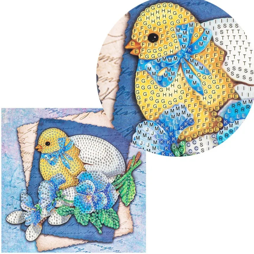 Diamond-Painting-Grußkarte, Strass, Küken mit Ei und blauen Blüten, 16cm x 16cm, inkl. Zubehör
