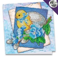 Diamond-Painting-Grußkarte, Strass, Küken mit Ei und blauen Blüten, 16cm x 16cm, inkl. Zubehör