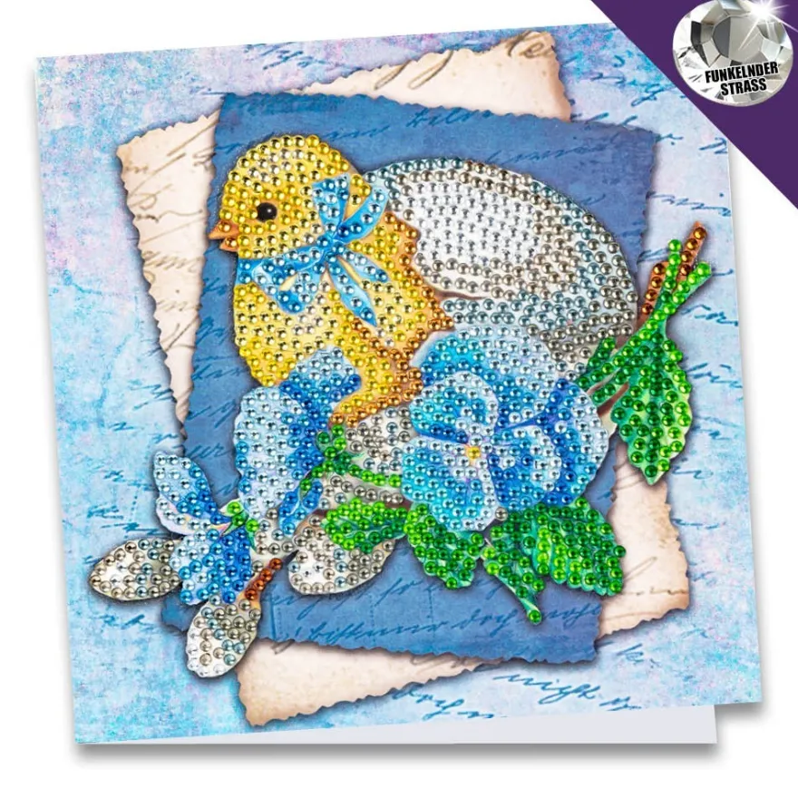 Diamond-Painting-Grußkarte, Strass, Küken mit Ei und blauen Blüten, 16cm x 16cm, inkl. Zubehör