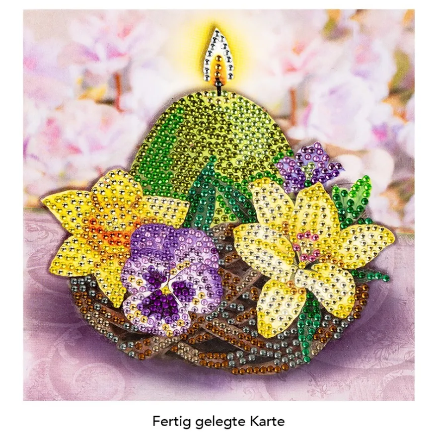 Diamond-Painting-Grußkarte, Strass, Kerze im Nest mit Blüten, 16cm x 16cm, inkl. Zubehör