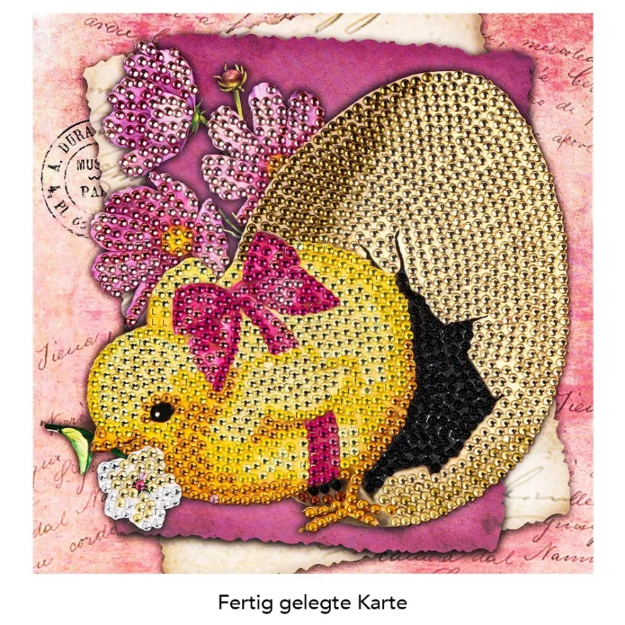 Diamond-Painting-Grußkarte, Strass, Küken mit Ei & fuchsiafarbenen Blüten, 16cm x 16cm, inkl Zubehör