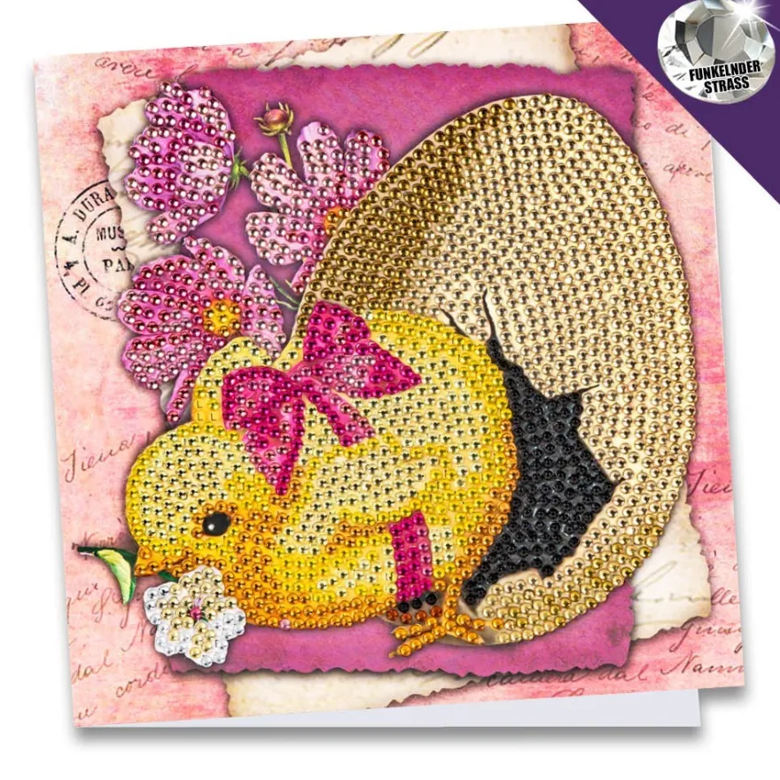 Diamond-Painting-Grußkarte, Strass, Küken mit Ei & fuchsiafarbenen Blüten, 16cm x 16cm, inkl Zubehör