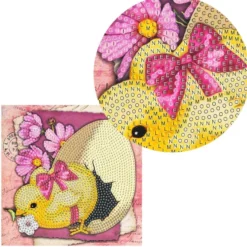 Diamond-Painting-Grußkarte, Strass, Küken mit Ei & fuchsiafarbenen Blüten, 16cm x 16cm, inkl Zubehör