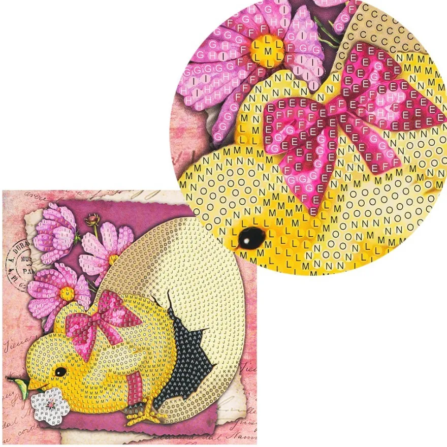 Diamond-Painting-Grußkarte, Strass, Küken mit Ei & fuchsiafarbenen Blüten, 16cm x 16cm, inkl Zubehör