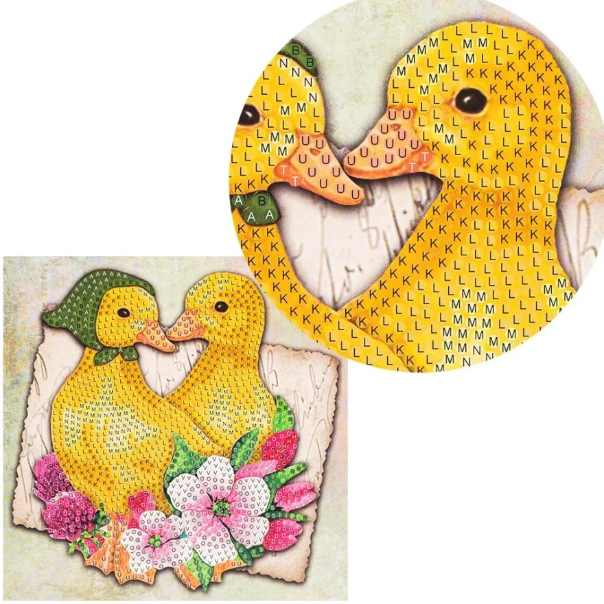 Diamond-Painting-Grußkarte, Strass, Entenküken mit rosafarbenen Blüten, 16cm x 16cm, inkl. Zubehör