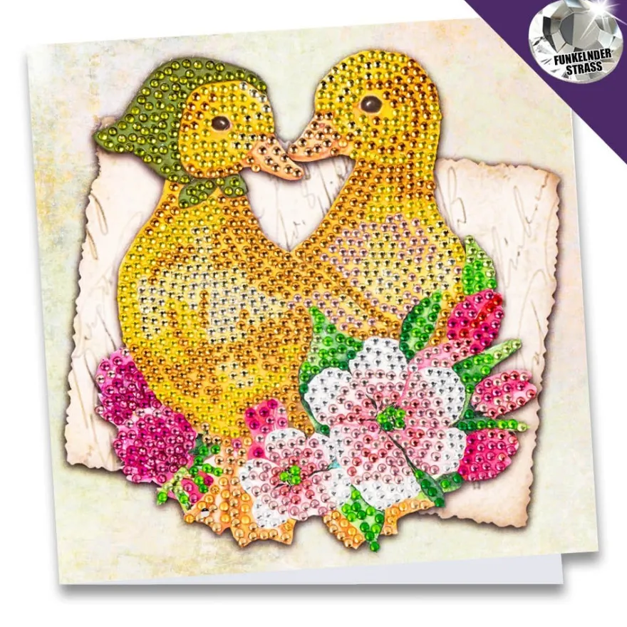 Diamond-Painting-Grußkarte, Strass, Entenküken mit rosafarbenen Blüten, 16cm x 16cm, inkl. Zubehör