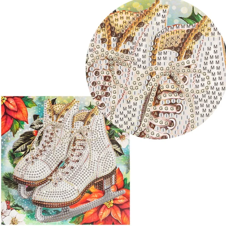 Diamond-Painting-Grußkarte, Strass, Schlittschuhe mit Weihnachtsstern, 16cm x 16cm, inkl. Zubehör