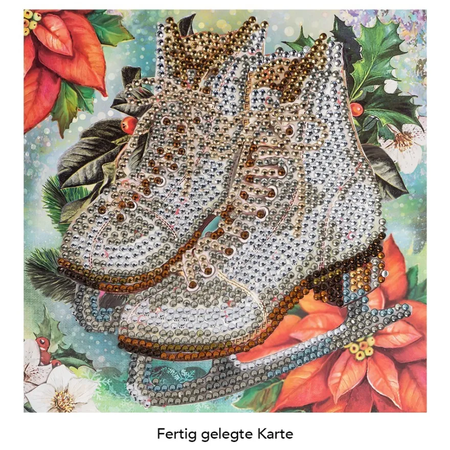 Diamond-Painting-Grußkarte, Strass, Schlittschuhe mit Weihnachtsstern, 16cm x 16cm, inkl. Zubehör