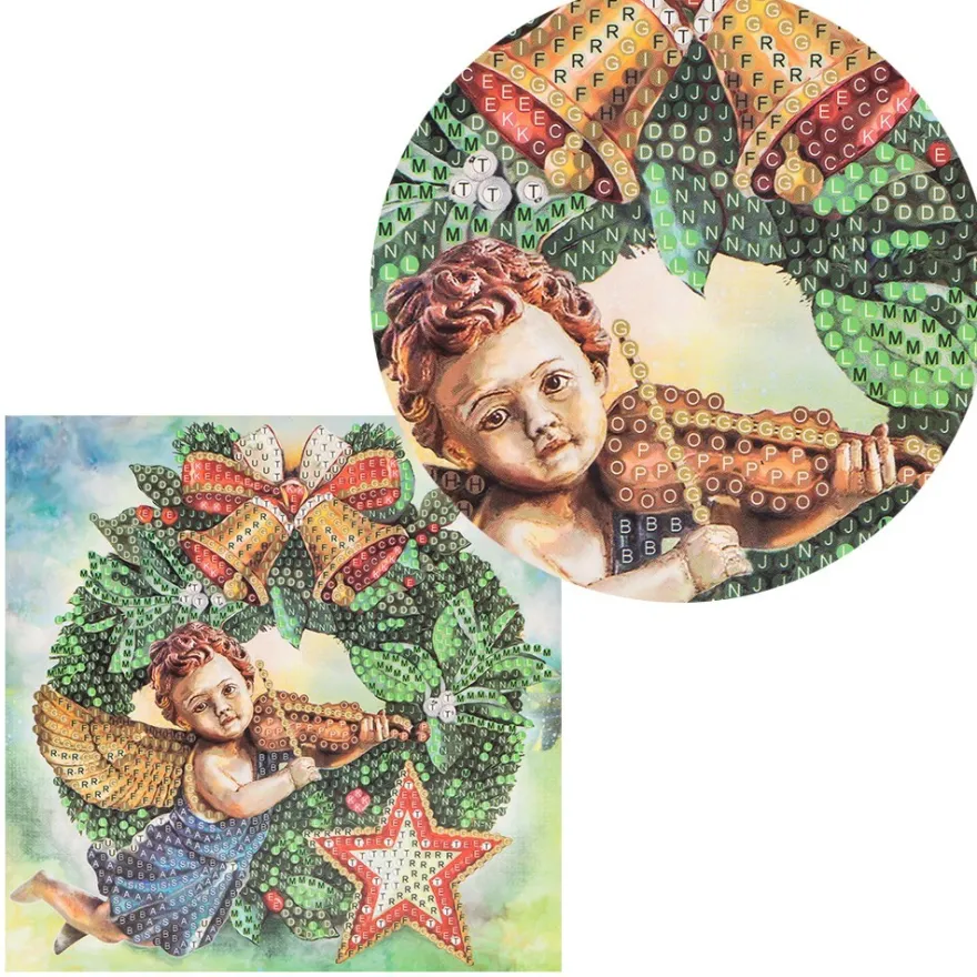 Diamond-Painting-Grußkarte, Strass, Weihnachtskranz mit Engel, 16cm x 16cm, inkl. Zubehör