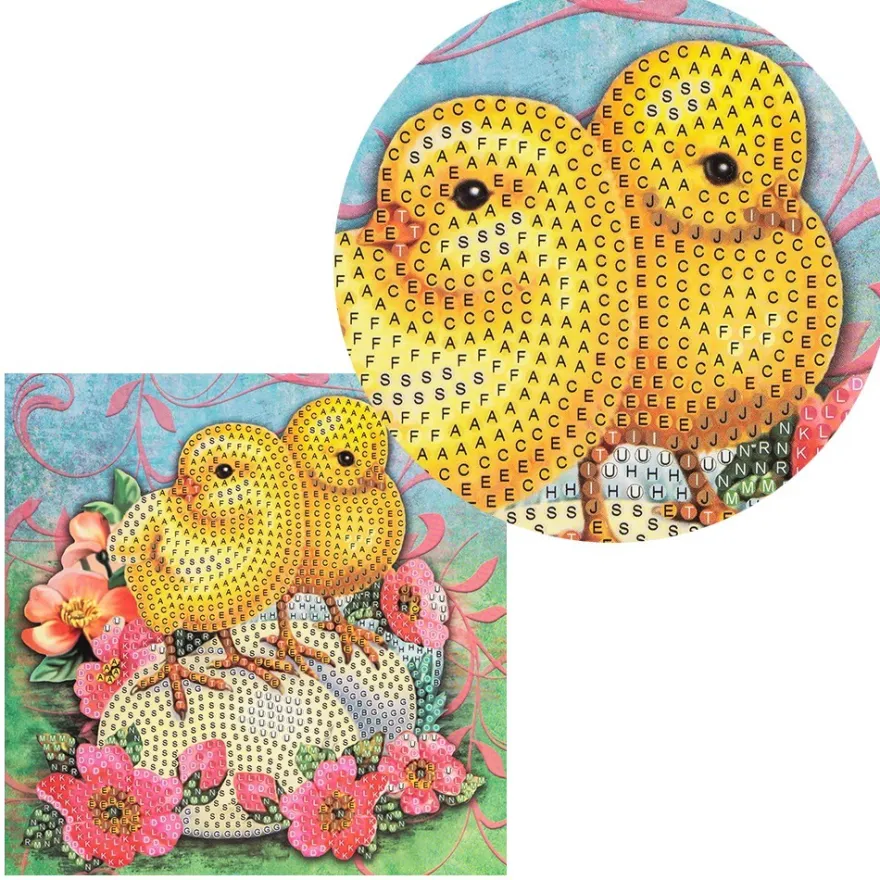 Diamond-Painting-Grußkarte, Strass, Küken mit pinkfarbenen Blüten, 16cm x 16cm, inkl. Zubehör