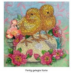 Diamond-Painting-Grußkarte, Strass, Küken mit pinkfarbenen Blüten, 16cm x 16cm, inkl. Zubehör