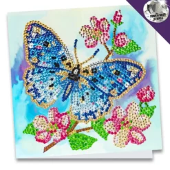 Diamond-Painting-Grußkarte, Strass, Blauer Schmetterling mit Blüten, 16cm x 16cm, inkl. Zubehör