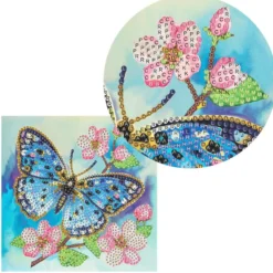 Diamond-Painting-Grußkarte, Strass, Blauer Schmetterling mit Blüten, 16cm x 16cm, inkl. Zubehör