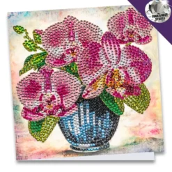Diamond-Painting-Grußkarte, Strass, Orchideen in Vase, 16cm x 16cm, inkl. Zubehör