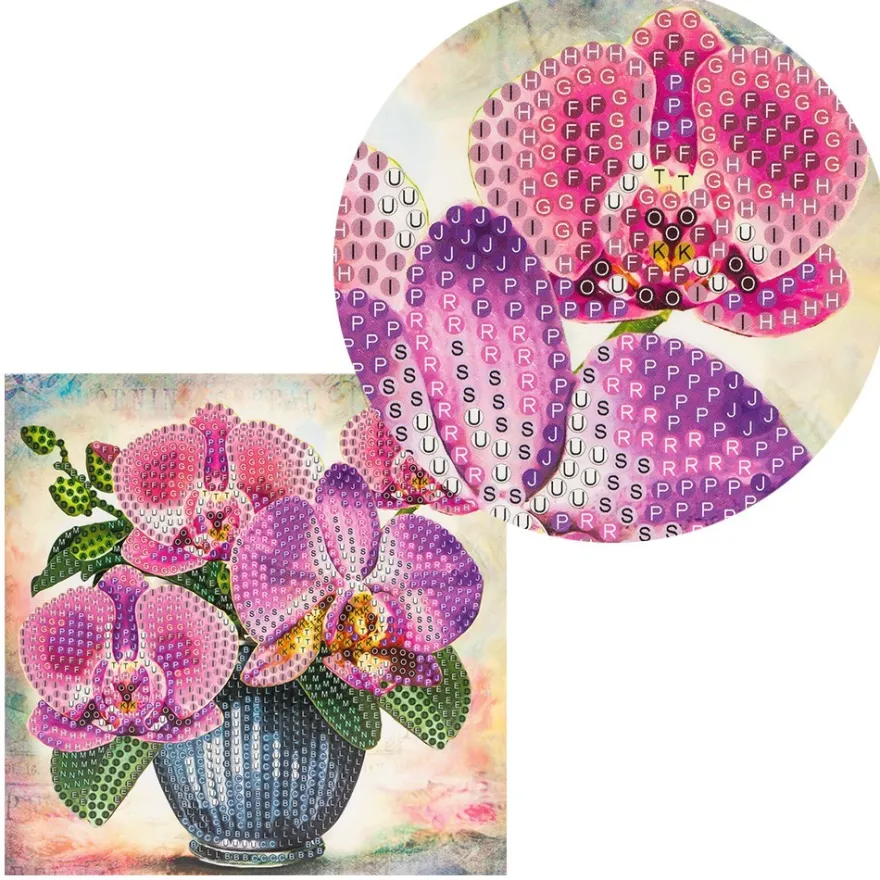 Diamond-Painting-Grußkarte, Strass, Orchideen in Vase, 16cm x 16cm, inkl. Zubehör