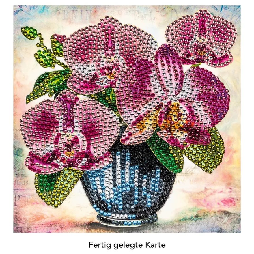 Diamond-Painting-Grußkarte, Strass, Orchideen in Vase, 16cm x 16cm, inkl. Zubehör