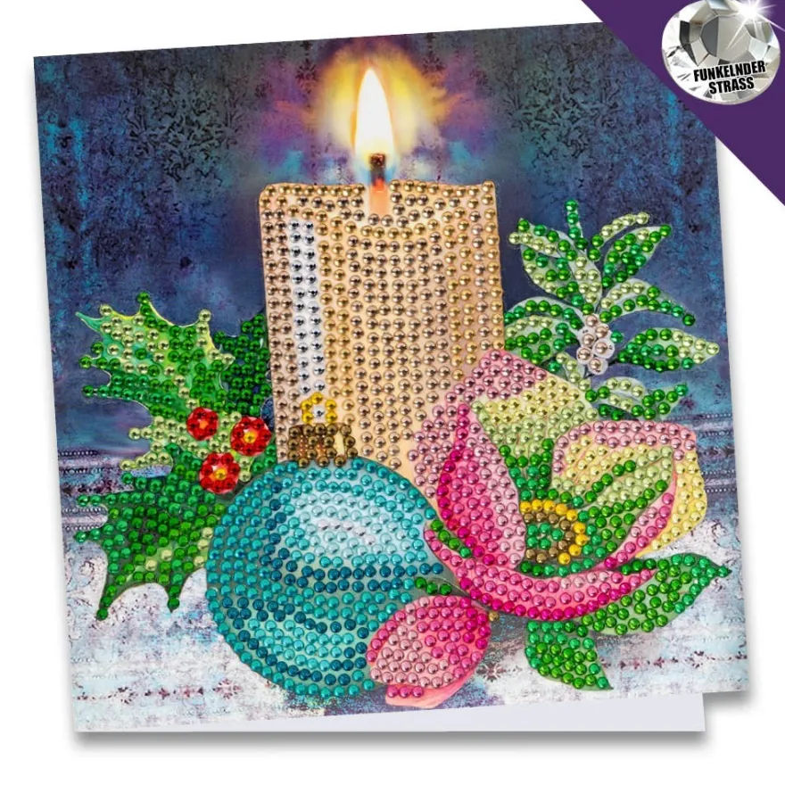 Diamond-Painting-Grußkarte, Strass, Kerze mit Weihnachtskugel, 16cm x 16cm, inkl. Zubehör