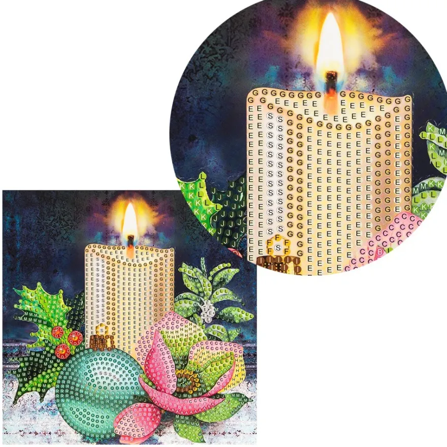 Diamond-Painting-Grußkarte, Strass, Kerze mit Weihnachtskugel, 16cm x 16cm, inkl. Zubehör
