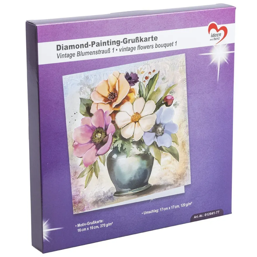 Diamond-Painting-Grußkarte, Vintage Blumenstrauß 1, 16cm x 16cm, inkl. Zubehör