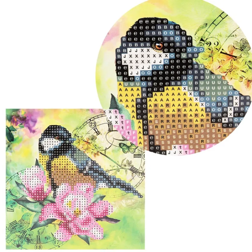 Diamond-Painting-Grußkarte, Vogel & Blumen 2, 16cm x 16cm, inkl. Zubehör