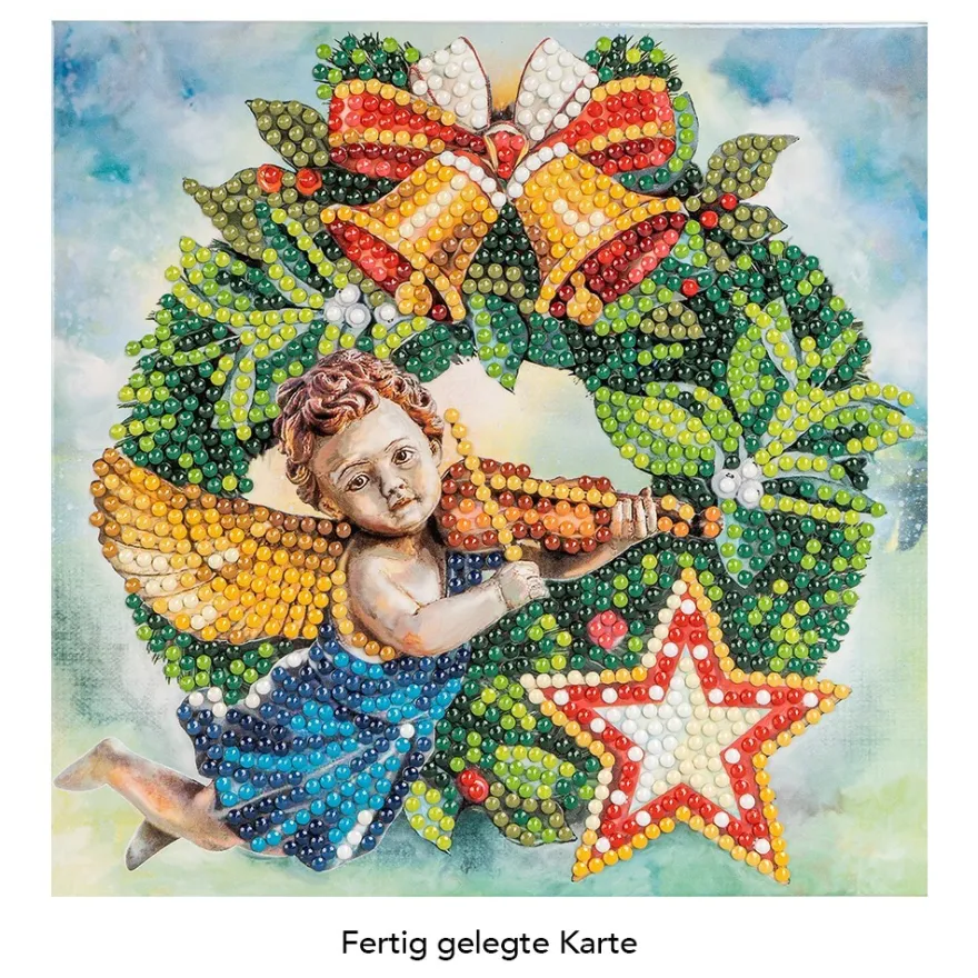 Diamond-Painting-Grußkarte, Weihnachtskranz mit Engel, 16cm x 16cm, inkl. Zubehör