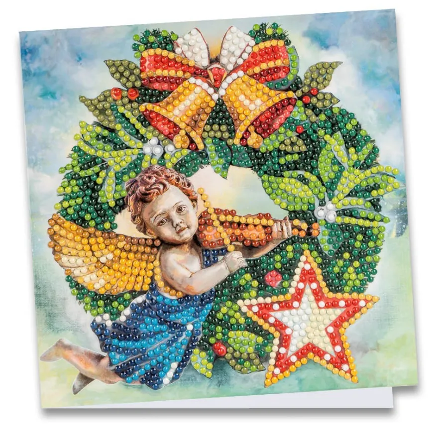 Diamond-Painting-Grußkarte, Weihnachtskranz mit Engel, 16cm x 16cm, inkl. Zubehör