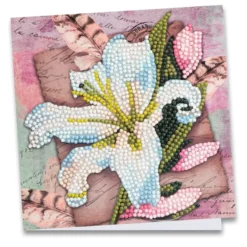 Diamond-Painting-Grußkarte, Weiße Lilie und Federn, 16cm x 16cm, inkl. Zubehör